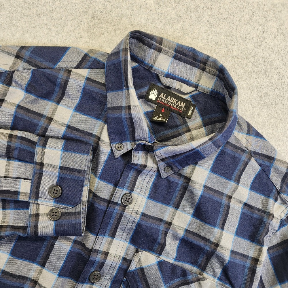 Alaskan Hardgear Midnight Sun Button Shirt Mens L Slim Fit Blue Plaid Wool Blend